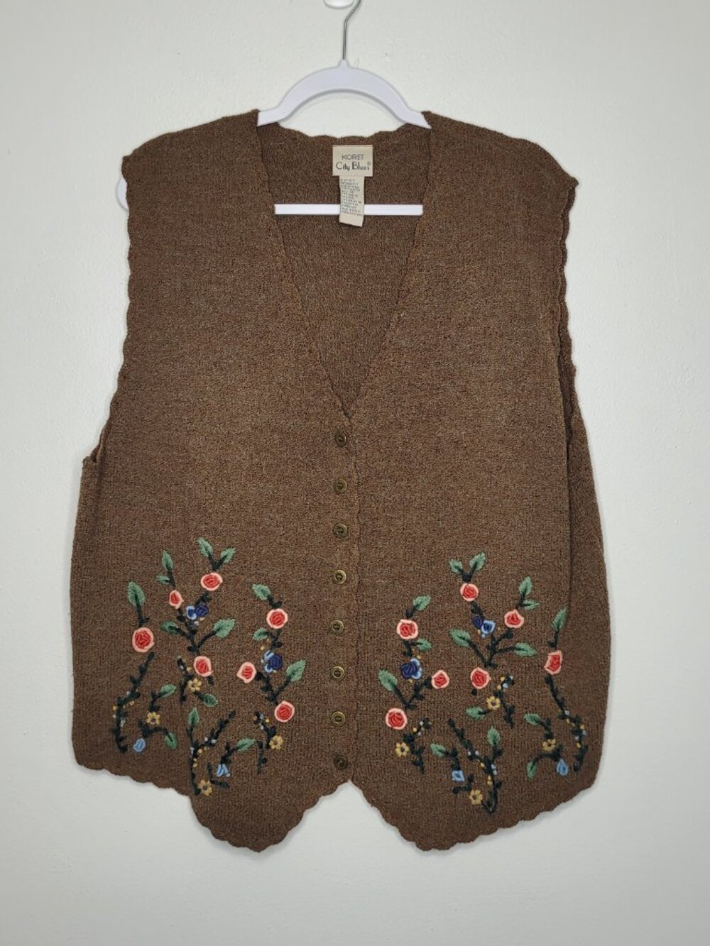 Vintage Koret brown knit flower embroidery cottage woodsy button front vest 1x
